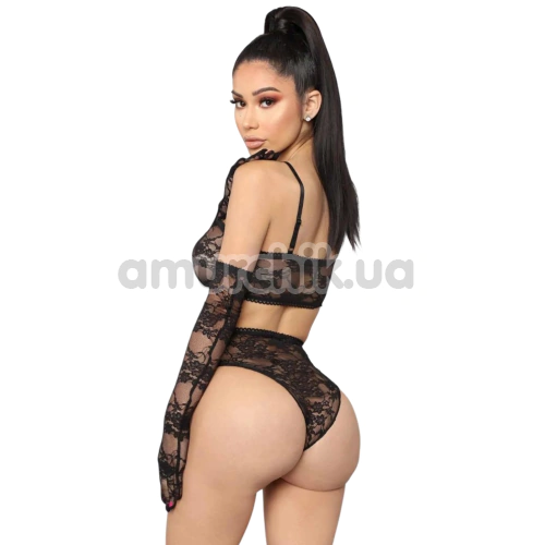 Комплект Star Night Lace Lingerie With Long Gloves, черный: бюстгальтер + трусики + перчатки
