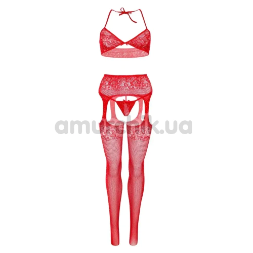 Комплект Leg Avenue Lenceria Set, красный: бюстгальтер + колготки + трусики-стринги