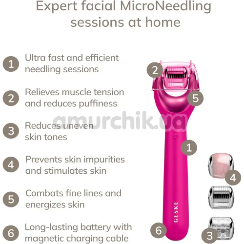 Массажер-роллер для лица с микроиглами Geske MicroNeedle Face Roller 9 in 1, ярко-розовый
