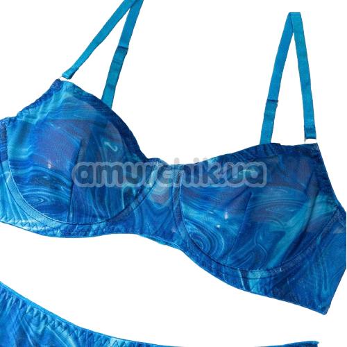 Комплект Star Night Mesh Printed Sexy Bra Set, синий: бюстгальтер + трусики-стринги + пояс для чулок + чулки + перчатки
