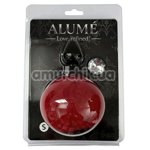 Анальна пробка з прозорим кристалом і червоним хвостиком Alume Silicone Plug With Tail S, чорна