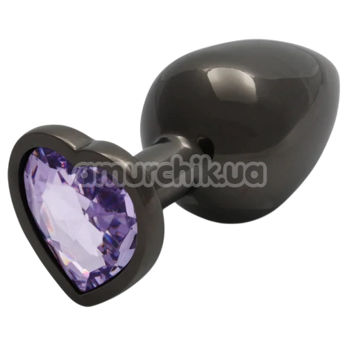 Анальна пробка з фіолетовим кристалом Ouch! Heart Metal Butt Plug Medium, чорна - Фото №1