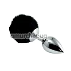 Анальная пробка c черным хвостом Metal Anal Tail Pompon Small, серебряная - Фото №1