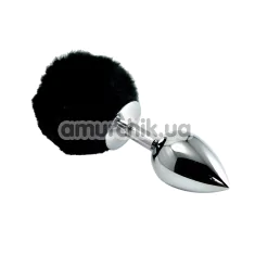 Анальная пробка c черным хвостом Metal Anal Tail Pompon Small, серебряная - Фото №1