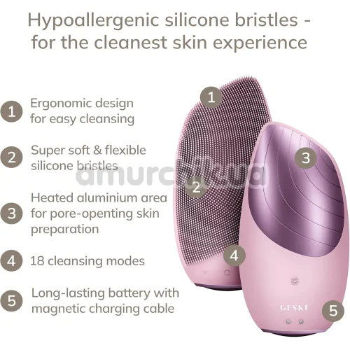 Ультразвуковая щетка для лица Geske Sonic Thermo Facial Brush 6 in 1, светло-розовая