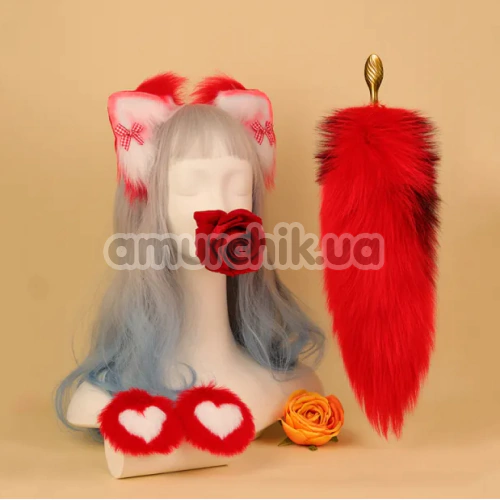 Анальна пробка з червоним хвостиком Lockink Sevanda Red Vixen Pet-Play Set Pear-Shape Plug, золота
