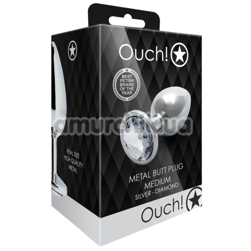 Анальная пробка с прозрачным кристаллом Ouch! Metal Butt Plug Medium, серебряная