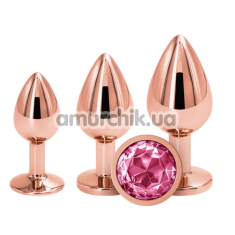 Набір анальних пробок з рожевим кристалом Rear Assets 3pc Metal Plug Kit, рожево-золотий - Фото №1