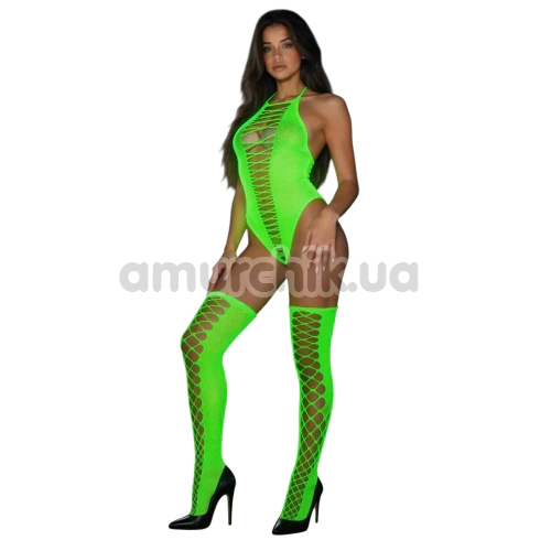 Комплект Star Night Fishnet Glow Set, салатовый: боди + чулки - Фото №1
