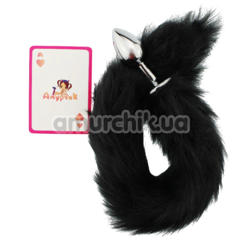 Анальная пробка с черным хвостом GYQ Metal Anal Plug With Black Tail, серебряная
