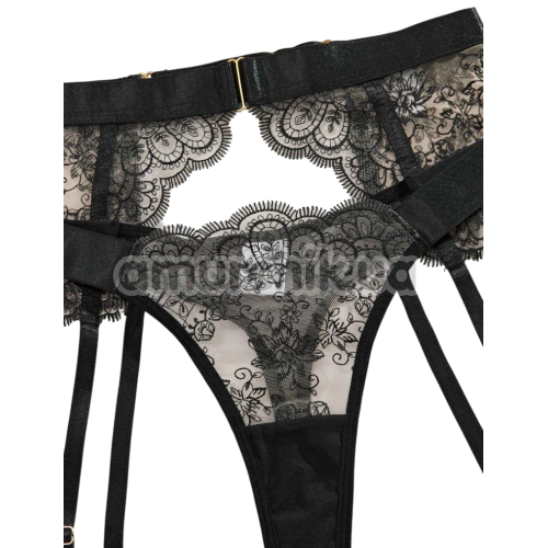 Комплект Star Night Floral Set, чорно-тілесний: бюстгальтер + трусики-стрінги + пояс для панчіх + гартери