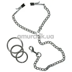 Затискачі для сосків c кільцями Sextreme Brustklemmen Penisringe Kette, срібні - Фото №1