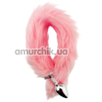 Анальная пробка со светло-розовым хвостом GYQ Metal Anal Plug With Pink Tail, серебряная - Фото №1