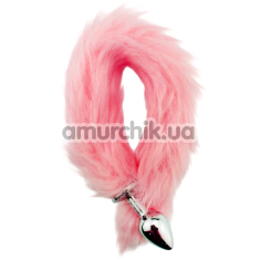 Анальная пробка со светло-розовым хвостом GYQ Metal Anal Plug With Pink Tail, серебряная - Фото №1
