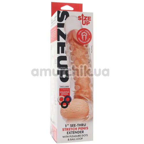 Насадка на пеніс Size Up 1 Inch See-Thru Stretch Penis Extender With Pleasure Dots & Ball Loop, прозора