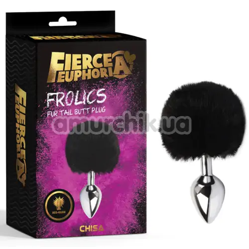 Анальная пробка с черным хвостом Fierce Euphoria Frolics, серебряная