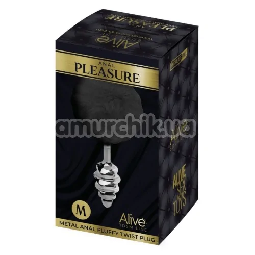 Анальная пробка с черным хвостиком Alive Anal Pleasure Metal Anal Fluffy Twist Plug M, серебряная