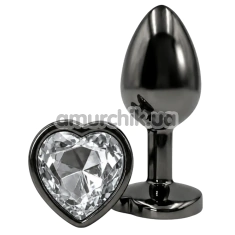Анальная пробка с прозрачным кристаллом Alume Metal Heart Plug M, черная - Фото №1