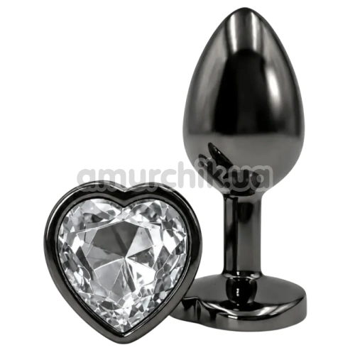 Анальна пробка з прозорим кристалом Alume Metal Heart Plug M, чорна - Фото №1