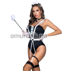 Костюм покоївки JSY Sexy Lingerie 9265, чорний: боді + панчохи + рукавички + підв'язки + портупея + чокер + головний убір + мітелка - Фото №1