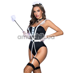 Костюм покоївки JSY Sexy Lingerie 9265, чорний: боді + панчохи + рукавички + підв'язки + портупея + чокер + головний убір + мітелка - Фото №1