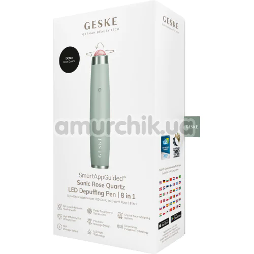 Ультразвуковая ручка-массажер для лица Geske Sonic Rose Quartz LED Depuffing Pen 8 in 1, зеленая