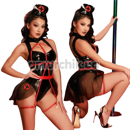 Костюм медсестры JSY Sexy Lingerie 0418, черно-красный: боди + портупея + головной убор
