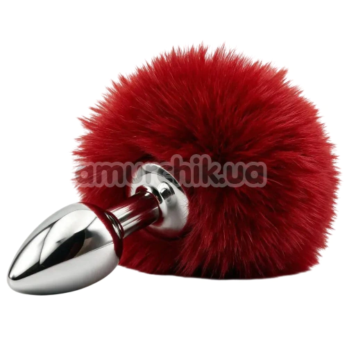 Анальна пробка з червоним хвостиком DS Fetish Metal Plug With Bunny Tail, срібна