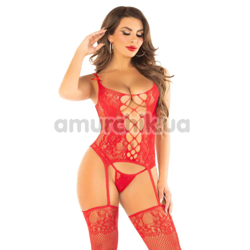 Комплект Leg Avenue Cami Garter With Stockings And String, красный: комбинезон + трусики-стринги
