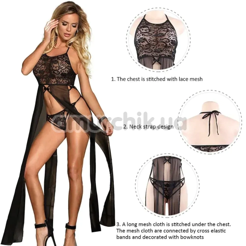 Комплект Star Night Allure Lacy Nightgown Set, черный: пеньюар + трусики-стринги