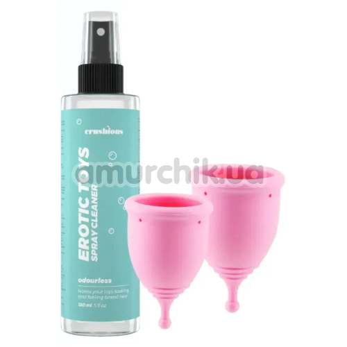 Набір з 2 менструальних чаш Crushious Minerva + антибактеріальний спрей для очистки секс-іграшок Crushious Erotic Toys Spray Cleaner, рожевий