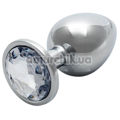 Анальная пробка с прозрачным кристаллом Ouch! Metal Butt Plug Medium, серебряная - Фото №1