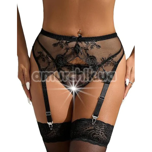 Комплект Star Night Lace Light Garter Belt, чорний: пояс для панчіх + трусики-стрінги - Фото №1