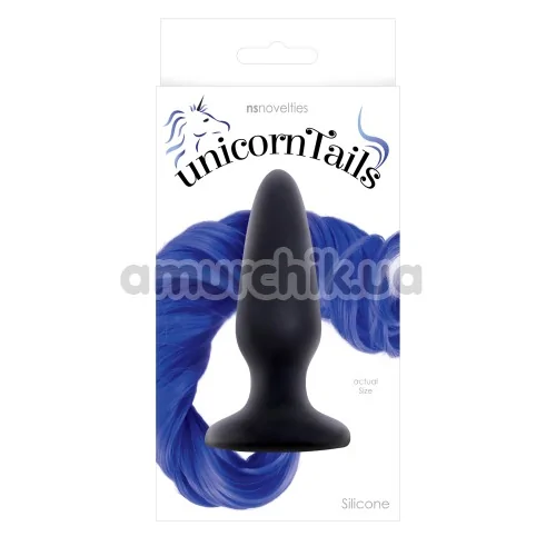 Анальная пробка с синим хвостом Unicorn Tails, черная