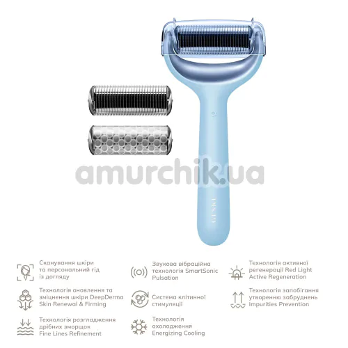 Массажер-роллер для лица и тела с микроиглами Geske MicroNeedle Face & Body Roller 8 in 1, голубой