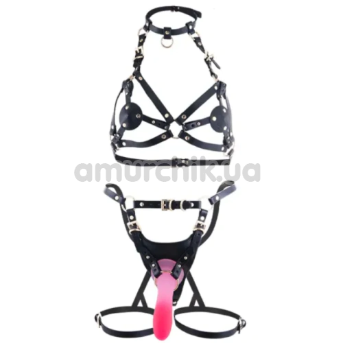 Комплект Lockink Sevanda Queen Sheba Set, черно-розовый: портупея + страпон-гартеры + фаллоимитатор - Фото №1