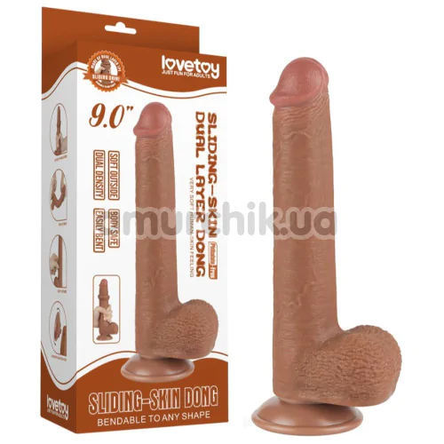 Фаллоимитатор Sliding-Skin Dual Layer Dong 9 с мошонкой, светло-коричневый