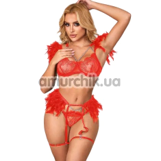 Комплект Star Night Sensual Feather & Chains, червоний: бюстгальтер + трусики-стрінги + пояс для панчіх + гартери - Фото №1