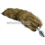 Анальная пробка c коричневым хвостом Metal Anal Tail Small, ребристая серебряная - Фото №1