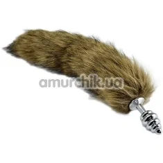 Анальная пробка c коричневым хвостом Metal Anal Tail Small, ребристая серебряная - Фото №1