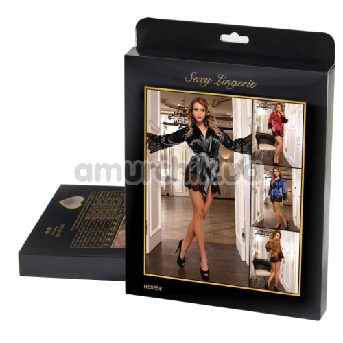 Комплект Star Night Satin Silk Erotic Nightgown, красно-черный: халатик + трусики-стринги