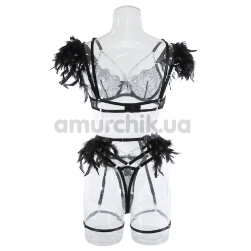 Комплект Star Night Sensual Feather & Chains, черный: бюстгальтер + трусики-стринги + пояс для чулок + гартеры
