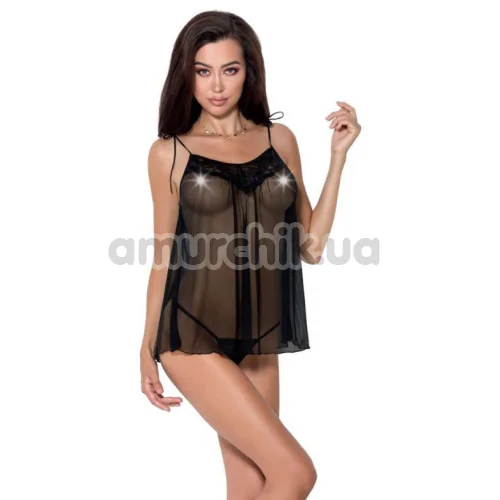 Комплект Passion Free Your Senses Melania Chemise, чорний: пеньюар + трусики-стрінги - Фото №1