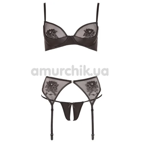 Комплект Cottelli Collection Lingerie 221258 черный: бюстгальтер + трусики-стринги + пояс для чулок