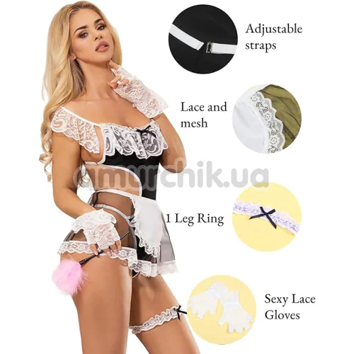 Костюм покоївки Star Night Sexy French Maid Lace Costume Set, чорно-білий: боді + спідниця + підв'язка на ногу + рукавички
