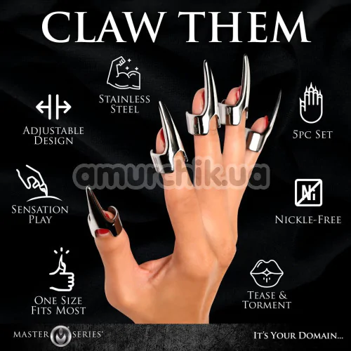 Украшения для пальцев Master Series Clawed 5PC Sensation Play Rings, серебряные