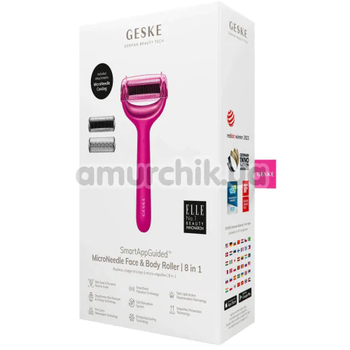 Масажер-ролер для обличчя та тіла з мікроголками Geske MicroNeedle Face & Body Roller 8 in 1, яскраво-рожевий