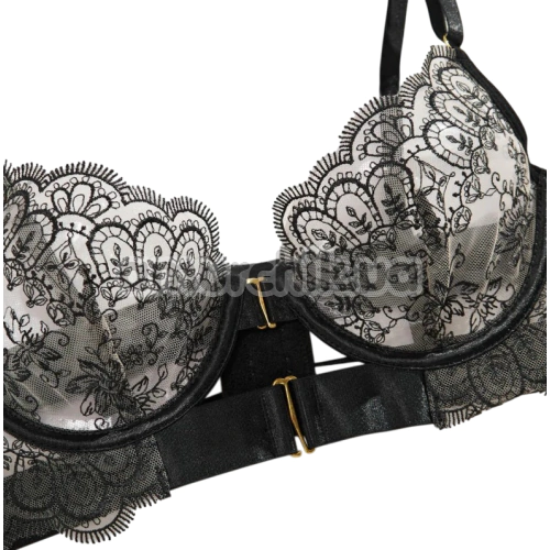 Комплект Star Night Floral Set, чорно-тілесний: бюстгальтер + трусики-стрінги + пояс для панчіх + гартери