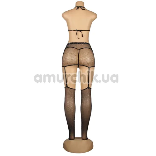 Комплект Star Night Sinful Luxe Diamond Fishnet Set, черный: бюстгальтер + пояс для чулок + перчатки + трусики-стринги + чулки