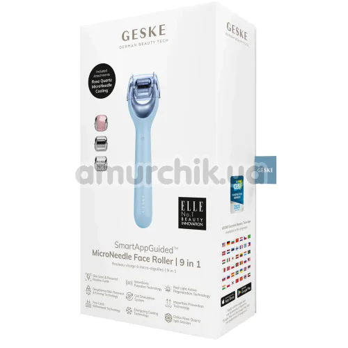 Массажер-роллер для лица с микроиглами Geske MicroNeedle Face Roller 9 in 1, голубой